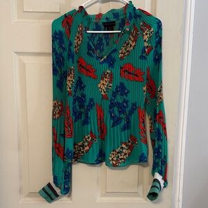 Green Blouse with Red and Blue Floral Design